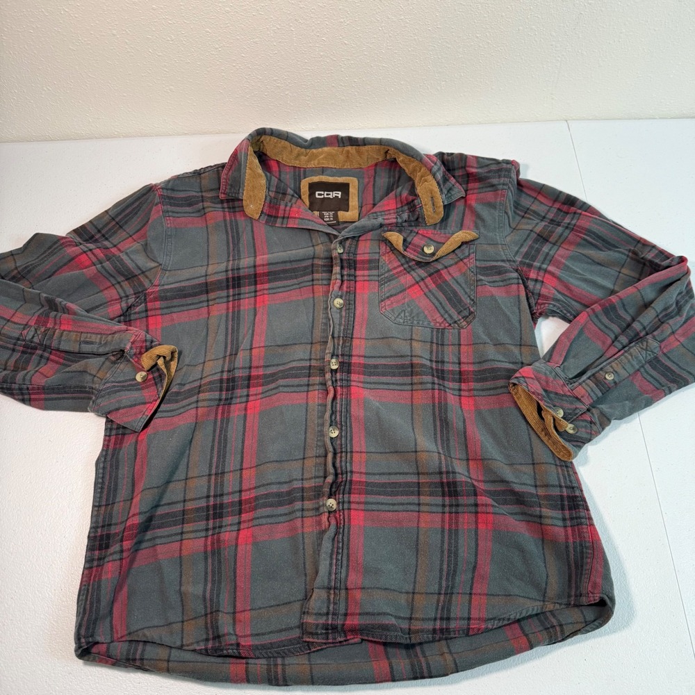 CQR Men's Plaid Flannel‎ Shirt Corduroy Collar Long Sleeve Casual Button Up Top